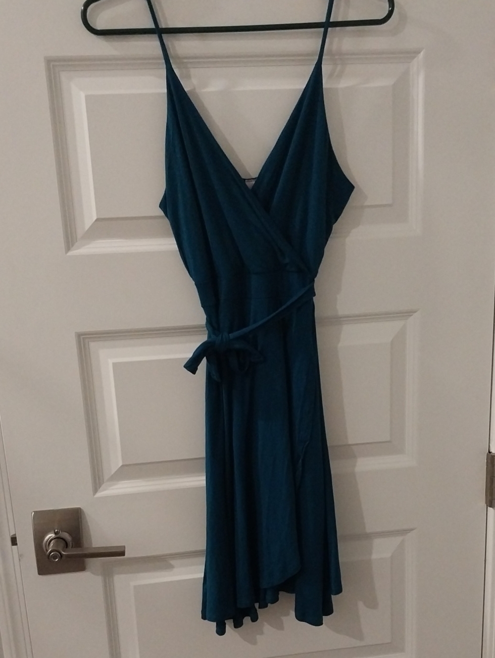Alya Teal Faux Wrap Knit Dress with Spaghetti Straps XS